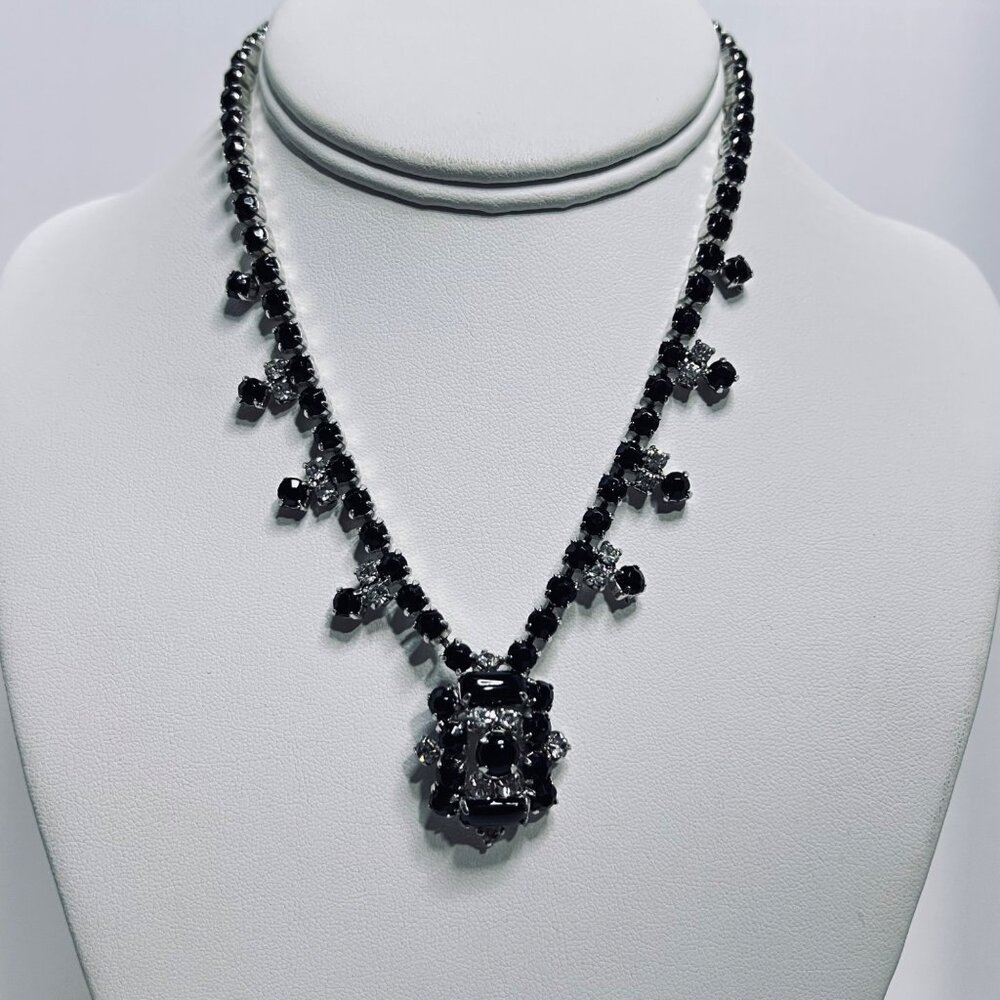 Silver Tone With Prong Set Black And Clear Rhinestone Statement Necklace (5809) - Picture 1 of 9